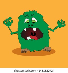 Comic illustration of a cute green monster on an orange background, vector illustration