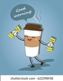 Comic illustration depicting a cup of coffee. Vector illustration.