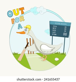 Comic illustration of Duck holding a bat for symbol of bowled out for no runs, no score and big zero on the score board.