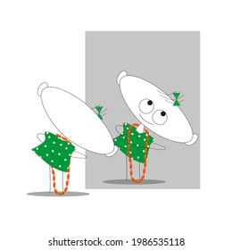 Comic illustration of a girl in a green dress and beads. Vector.