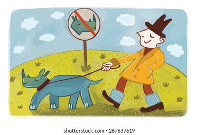 comic illustration: a man walking with a pet on a leash in a place where walking is prohibited