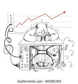 Comic illustration on a theme Productivity, work efficiency, intensification, power load efficiency.  Drawing by hand