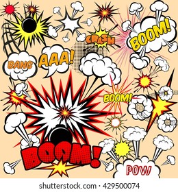 Comic illustration on a yellow background, speech bubbles burst boom use a bomb, splash, vector illustration