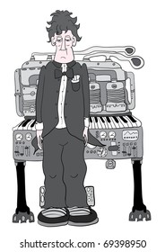 Comic illustration of a pianist with car engine integrated piano