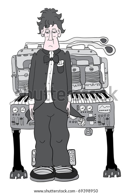 Comic illustration of a pianist with car engine\
integrated piano