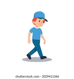 comic illustration of sad boy walking isolated on white background