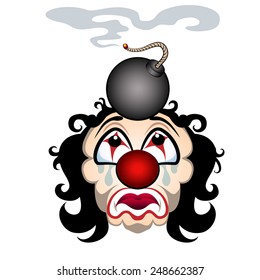Comic illustration of the sad clown with the lit bomb on his head. Isolated on white background.