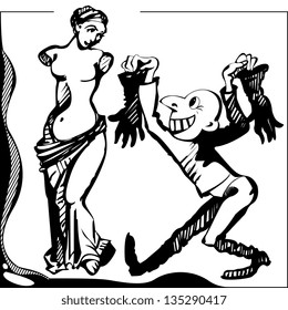 Comic illustration of sellers offering their goods in black and white