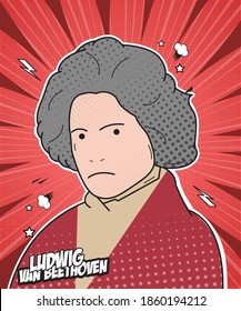 comic illustration style, Ludwig van Beethoven is a classical composer from Germany. His notable works are the fifth and ninth symphonies, as well as the piano song Für Elise.