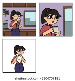 Comic illustration - A woman drinks coffee in a room and after that she gets energy to study