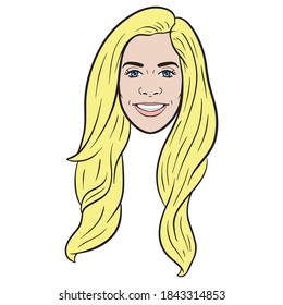 ilustración cómica de la cabeza de una mujer con el pelo largo rubio. avatar, contorno, cómic.