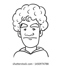 comic illustration of a young man with curly hair who looks bored. outline, character, face.