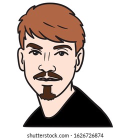 Comic illustration of a young man with a goatee and mustache, short brown hair and a black t-shirt. avatar, colored, face, cool, emotion.