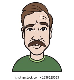 comic illustration of a young man with green sweater and brown hair and mustache who looks casual and cool. raised eyebrows, funny, illustration,