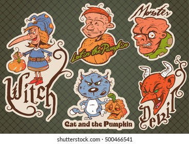 Comic illustrations of Halloween themed evil witch, cat, monster, boy, devil head face characters