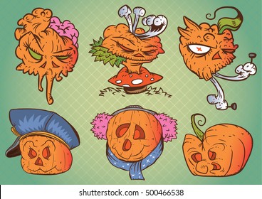 Comic illustrations of Halloween themed pumpkin head face characters