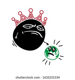 Comic image of coronavirus and scared Earth planet. Vector cartoon illustration