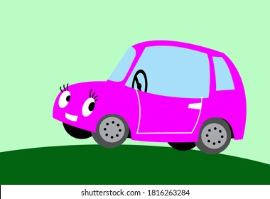Comic image of a cute pink car. Vector image for illustration.