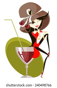Comic image of the girl in a hat sitting on the edge of a stylized glass
