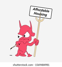 Comic Image Of An Imp Holding An Affordable Housing Sign
