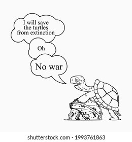 Comic image of a male turtle climbing a skull wearing an army helmet. The way the turtle thinks the helmet is the female. Print for T-shirt and other items