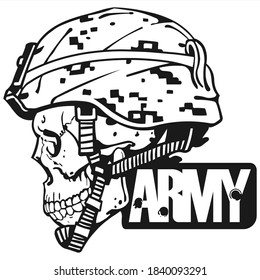 Comic Image Of A Skull In An Army Helmet For A Print On A T-Shirt Or Tattoo