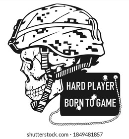 Comic Image Of A Skull In An HARD PLAYER BORN TO GAME Helmet For A Print On A T-Shirt Or Tattoo