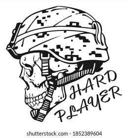 Comic Image Of A Skull In An HARD PLAYER Helmet For A Print On A T-Shirt Or Tattoo