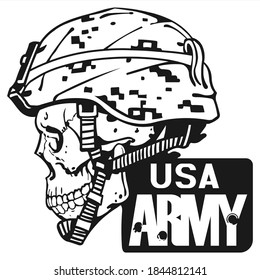 Comic Image Of A Skull In An USA Army Helmet For A Print On A T-Shirt Or Tattoo
