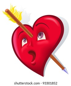 The comic image of a symbol heart pierced with an arrow