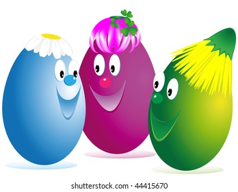 The comic image of three Easter eggs of different color on white background