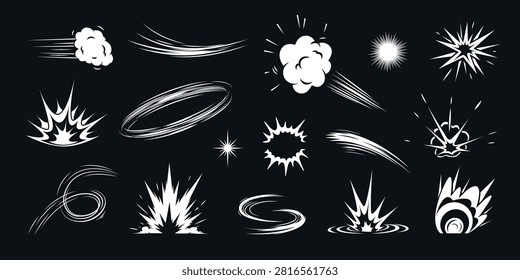 Comic impact effect. Explosive pow, cartoon burst blast boom bang crash fire smoke cloud strike hit energy flash power motion speed force dynamic qualitative vector illustration