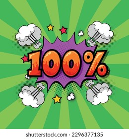 Comic inscription with 100% discount. vector illustration in comic style.Exclamation label sticker or shop.