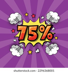 Inscripción de historietas con 75% de descuento. ilustración vectorial en estilo cómic.Etiqueta de exclamación pegatina o tienda.