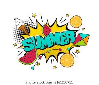 Comic juicy Summer Logo. Pop art explosion with ice cream, orange, kite and watermelon in cartoon style. Seasonal Vector illustration for sticker, badge, poster, banner or calendar.
