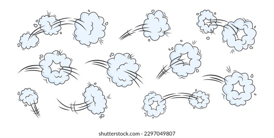 Efecto de salto cómico, nube de velocidad de caricatura, humo de garrapatas o polvo, viento y senda de caricatura, poof y puff, anillo de aire azul, globo de gas de potencia aislado en fondo blanco. Ilustración de explosión