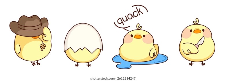 Comic kawaii chicken characters set isolated on white background. Vector cartoon illustration of funny yellow farm birds wearing cowboy hat, hatching eggshell, swimming in water lake, Easter mascots