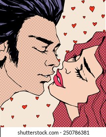 Comic kiss. Pop Art Comic Illustration with color  background with kiss. Kissing couple. St. Valentine's Day Concept. 