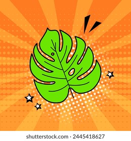 Comic leaf palm icon, tropical monstera plant, summer fern on orange background, foliage in pop art style. Cartoon jungle vector illustration