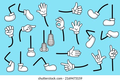 Comic legs and arms. Hand for cartoon characters, body parts expressions. Feet and hands gestures variations, garish vintage vector elements