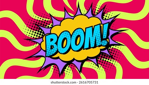 Comic letter BOOM. Vector illustration of bright cartoon in retro pop art style. Comic text sound effect