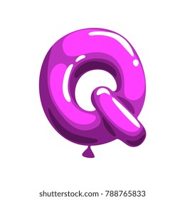 Comic letter Q in shape of bright violet balloon. Cartoon font in flat style. Funny children education card. Vector design for promotional flyer or poster
