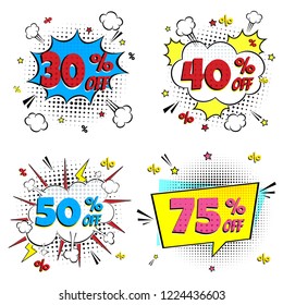 Comic lettering 30%, 40%, 50%, 75% off SALE! set in the speech bubble comic style flat design. Dynamic retro vintage pop art illustration isolated on background. Exclamation 30%, 40%, 50%, 75% off.