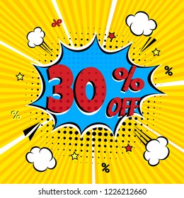 Comic lettering 30% SALE! in the speech bubble comic style flat design. Dynamic retro vintage pop art illustration isolated on yellow rays background. Exclamation 30% Sticker or label.