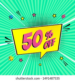Comic lettering 50 percent off SALE in the speech bubble comic style flat design. Retro vintage pop art illustration isolated on rays background. Exclamation sticker or label store or shop.