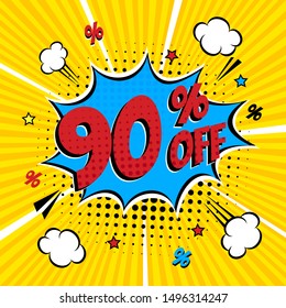 Comic lettering 90 percent off SALE in the speech bubble comic style flat design. Retro vintage pop art illustration isolated on rays background. Exclamation sticker or label store or shop.
