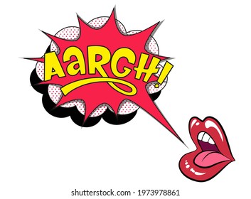 Comic lettering aargh with red lips and an open mouth. Vector bright cartoon illustration in retro pop art style. Comic text sound effects. EPS 10.