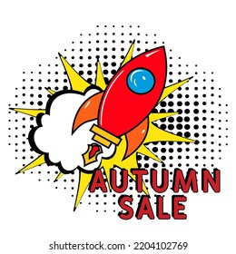 Comic lettering autumn sale. Vector bright cartoon illustration in retro pop art style. Comic text sound effects. autumn sale text. Comic book explosion with text autumn sale promotion symbol. 