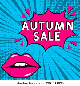 Comic lettering autumn sale. Vector bright cartoon illustration in retro pop art style. Comic text sound effects. autumn sale text. Comic book explosion with text autumn sale promotion symbol. 