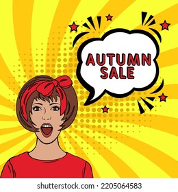 Comic lettering autumn sale. Vector bright cartoon illustration in retro pop art style. Comic text sound effects. autumn sale text. Comic book explosion with text autumn sale promotion symbol. 